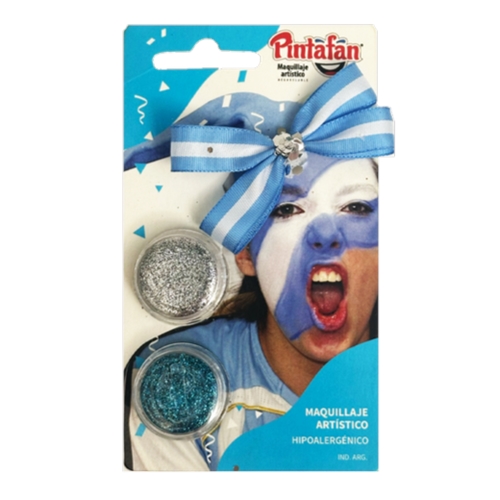 [205312] MAQUILLAJE GLITTER PINTAFAN ARGENTINA CON MOÑO Y STRASS CELESTE Y BLANCO 2 UNID. 645-13