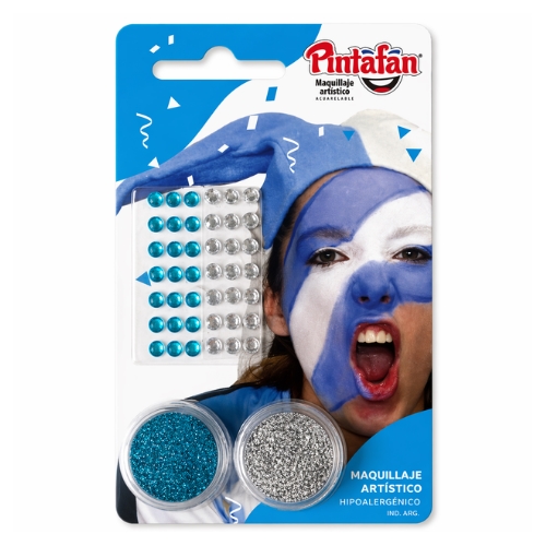 [205321] MAQUILLAJE GLITTER PINTAFAN ARGENTINA CON STRASS CELESTE Y BLANCO 2 UNID. 645-07