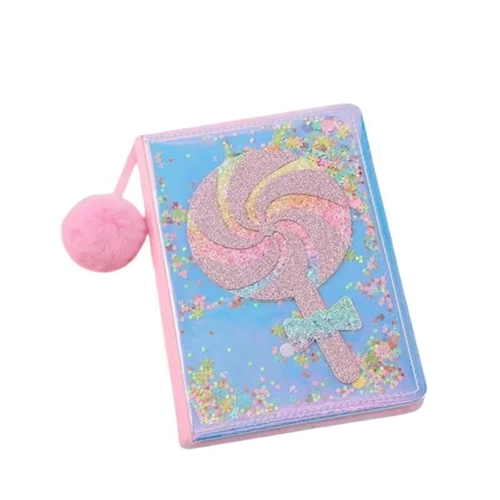 CUADERNO  ANOTADOR PALETA/BEBIDA A5 POM POM CELESTE/VIOLETA