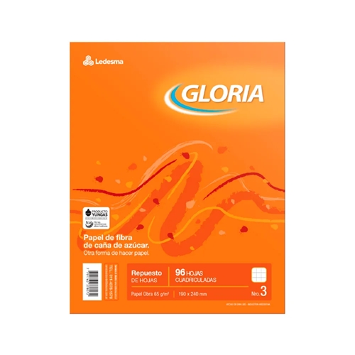 REPUESTO GLORIA N°3 96 HOJAS CUADRICULADO 65GR