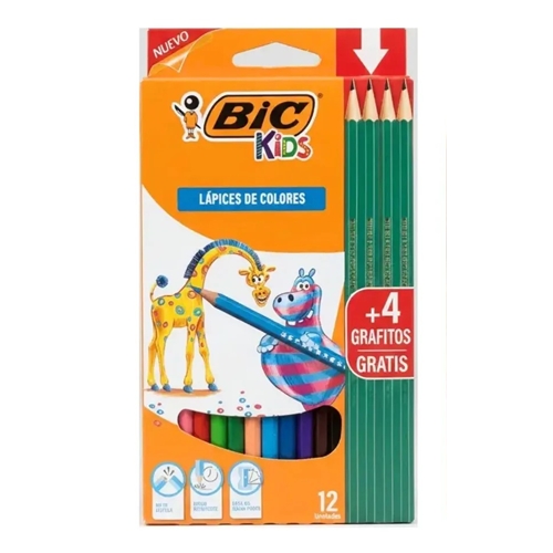 LÁPICES DE COLORES BIC KIDS 12 COLORES LARGOS 4 GRAFITO GRATIS 16 UNID. 9310198