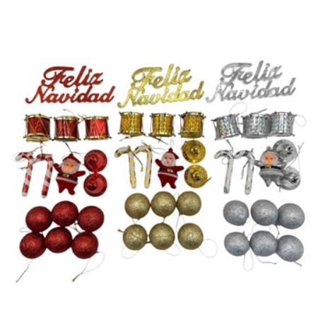 ADORNO NAVIDEÑO COLGANTE KK TAMBOR GLOBO CAMPANA REGALO GLITTER 9 UNID. (NS398893) BOLSA