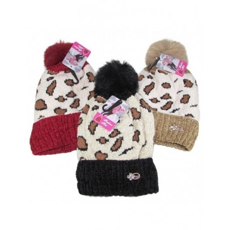 [182550] GORRO CON POMPON ANIMAL PRINT, DAMA