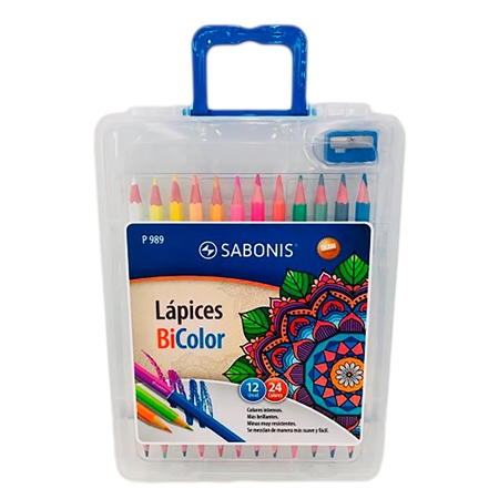 [303232] LAPICES DE COLOR SABONIS BICOLOR LARGOS CON SACAPUNTAS 24 COLORES 12 UNID. (P989) ESTUCHE PLASTICO
