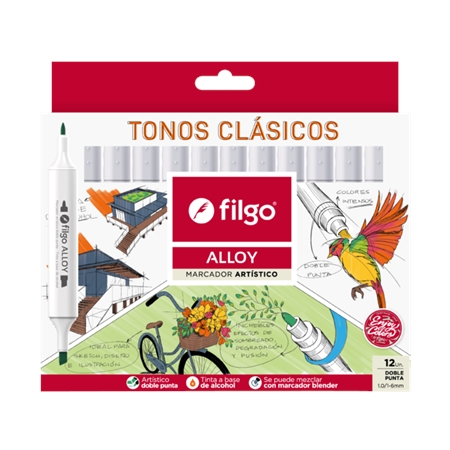 [83234-5] MARCADORES FILGO ALLOY TONOS CLASICOS DOBLE PUNTA 12 UNID.