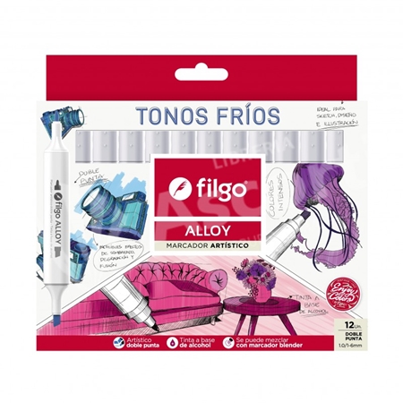 [83234-1] MARCADORES FILGO ALLOY TONOS FRIOS DOBLE PUNTA 12 UNID.