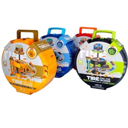 [88002] PISTA AUTOS PRIORI TIRE RAIL CAR SCENE 38 PIEZAS (6686) VALIJA