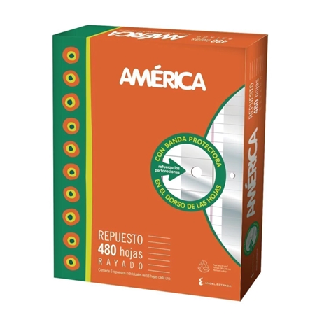[306078-R] REPUESTO ESCOLAR AMERICA CON BANDA N° 3 480 HOJAS RAYADO