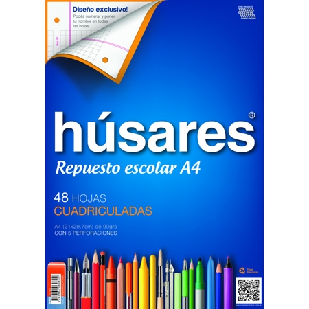 REPUESTO ESCOLAR HUSARES A4 48 HOJAS CUADRICULADO