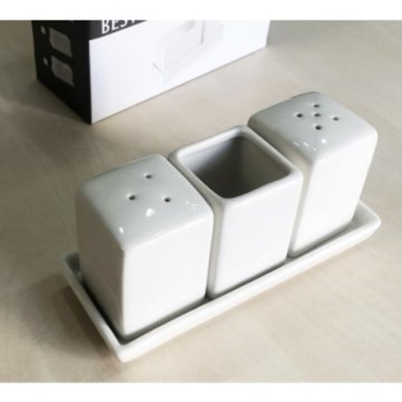 [83359] SALERO Y PIMENTERO CON PORTA ESCARBADIENTES CERAMICA BLANCO