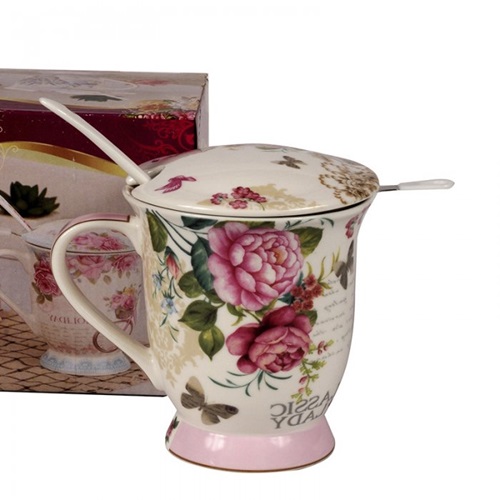 [15.1254] TAZA DSAZA FLORAL CON COLADOR Y CUCHARA PORCELANA (101255 SW-1528)
