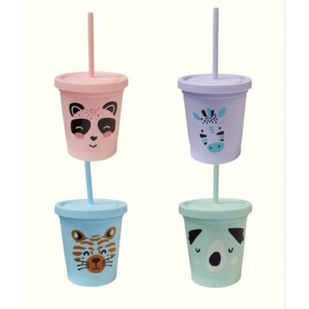 [82685] VASO CARITAS ANIMALES 9X10 CM CON TAPA Y SORBETE