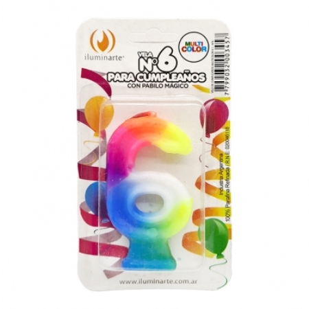 VELA NUMERO ILUMINARTE N°6 9 CM PARAFINA MULTICOLOR BOLSA