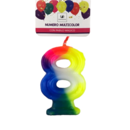 VELA NUMERO ILUMINARTE N°8 9 CM PARAFINA MULTICOLOR BOLSA