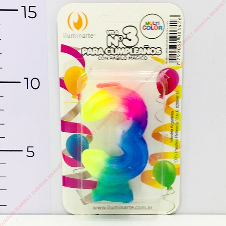 [11579-3] VELA NUMERO ILUMINARTE N°3 8 CM MAGICA PARAFINA MULTICOLOR BLISTER