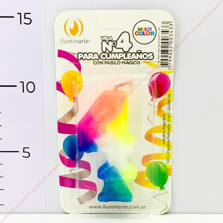 [11579-4] VELA NUMERO ILUMINARTE N°4 8 CM MAGICA PARAFINA MULTICOLOR BLISTER