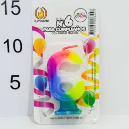 [11579-6] VELA NUMERO ILUMINARTE N°6 8 CM MAGICA PARAFINA MULTICOLOR BLISTER