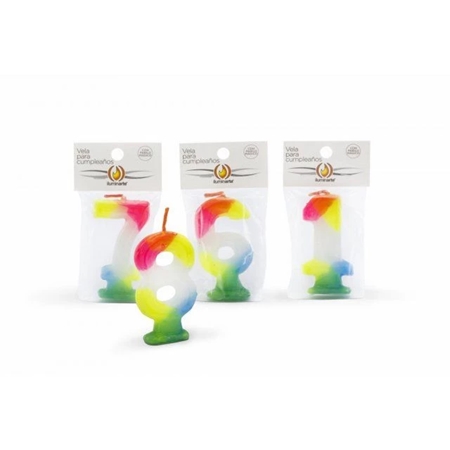 [11579] VELA NUMERO ILUMINARTE 8 CM MAGICA PARAFINA MULTICOLOR BOLSA