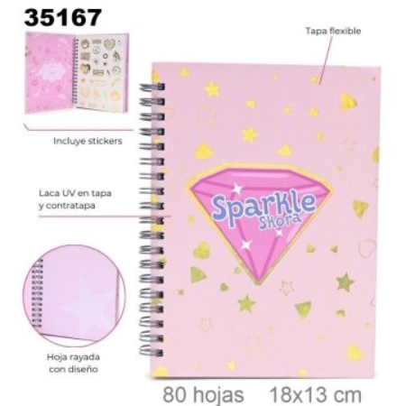 CUADERNO SKORA THINK HAPPY SPARKLE 13X18 CM CON STICKERS 80 HOJAS (35167) T/T/DURA ESPIRAL