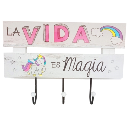 PERCHERO UNICORNIO CON FRASE MADERA
