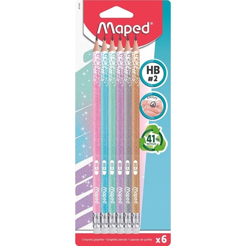 [86374] LAPICES GRAFITO MAPED ERGONOMICOS, CON GOMA GLITTER 6 UNID.