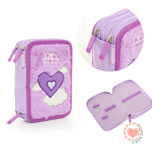 CARTUCHERA TRES PISOS FUN WORLD LOVELY CORAZON PELUCHE LILA (202191)