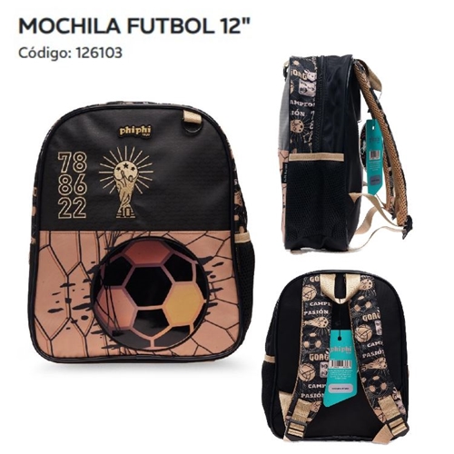 MOCHILA PHI PHI FUTBOL 12" NEGRO/DORADO (126103)
